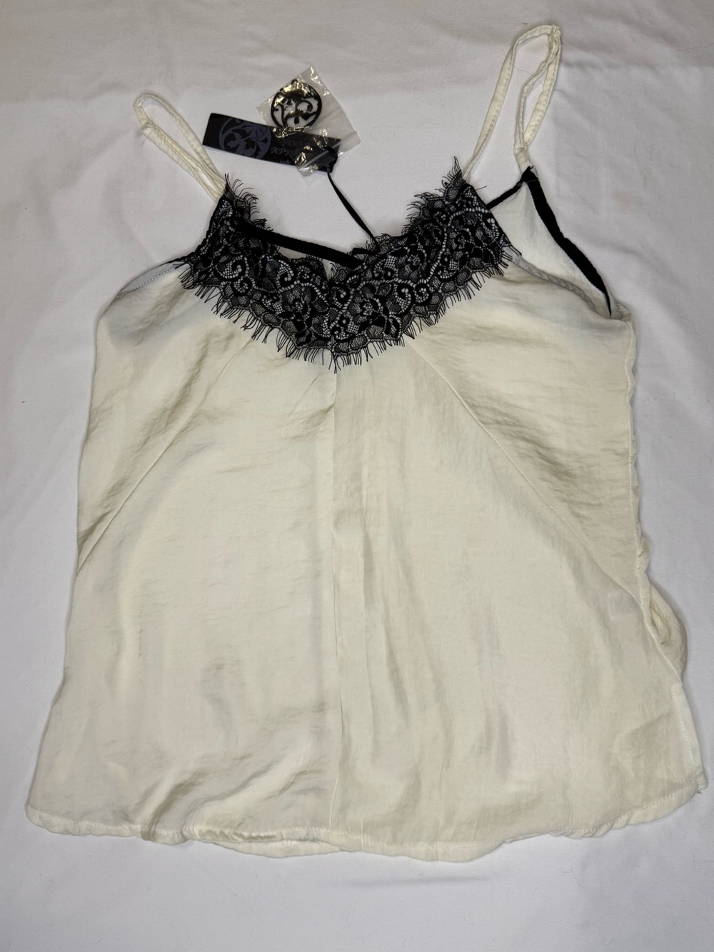 NWT Poof Apparel White Camisole with Black Lace Trim Romantic Summer